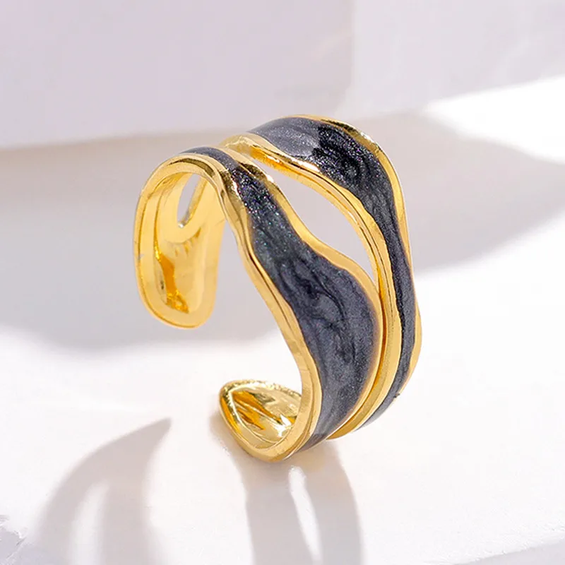 Adjustable Black Gold Abstract Layered Open Ring 18K Gold Plated Stainless Steel
