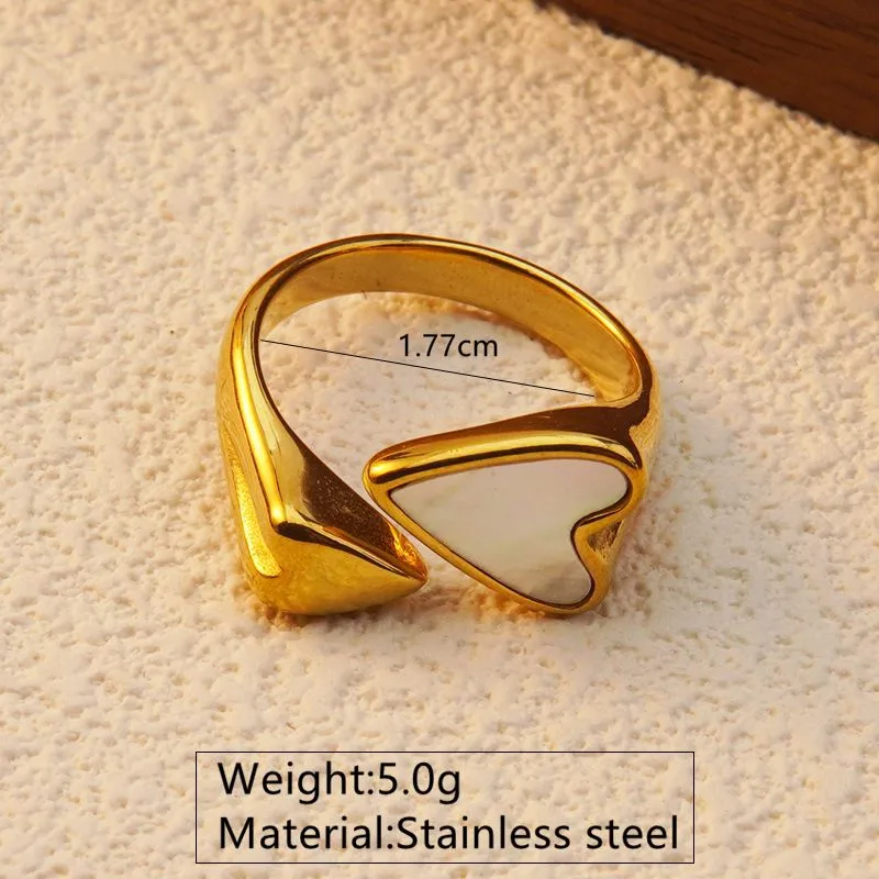 18K Gold Plated White Heart Enamel Open Ring Stainless Steel