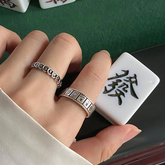Engraved Silver Plated Adjustable Set Of Rings Stainless Steel