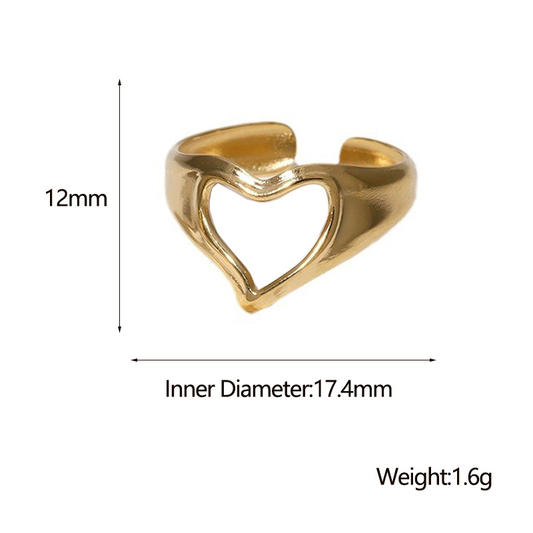 18K Gold Plated Hollow Heart Adjustable Ring Stainless Steel