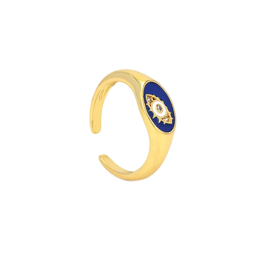 Evil Eye Blue Enamel 18K Gold Plated Open Ring with CZ Stone Stainless Steel