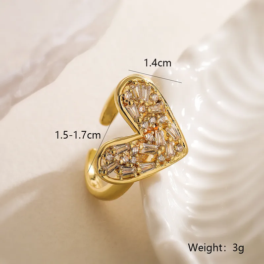 18k Gold Plated CZ Sparkling Heart Adjustable Ring Stainless Steel