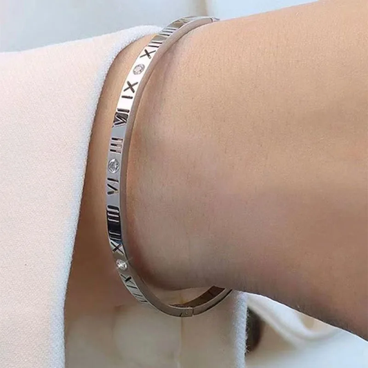 Silver Plated Sleek Roman Numeral CZ Bangle Stainless Steel