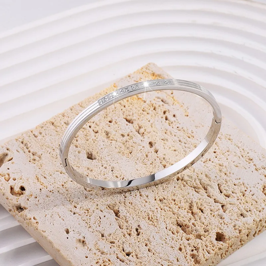 Silver Plated Minimalist Bangle with CZ Stones Stainless Steel