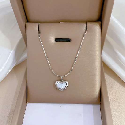 Premium Silver Plated Heart Pendant Necklace with Shell Inlay Hypoallergenic