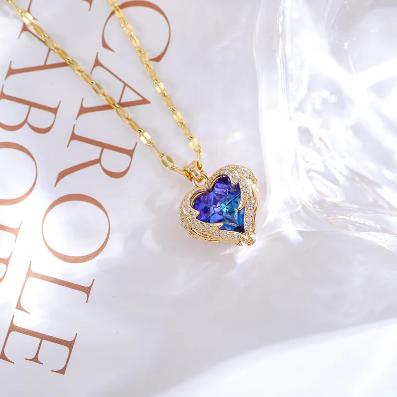 18k Gold Plated Blue Crystal Heart Pendant Necklace Hypoallergenic