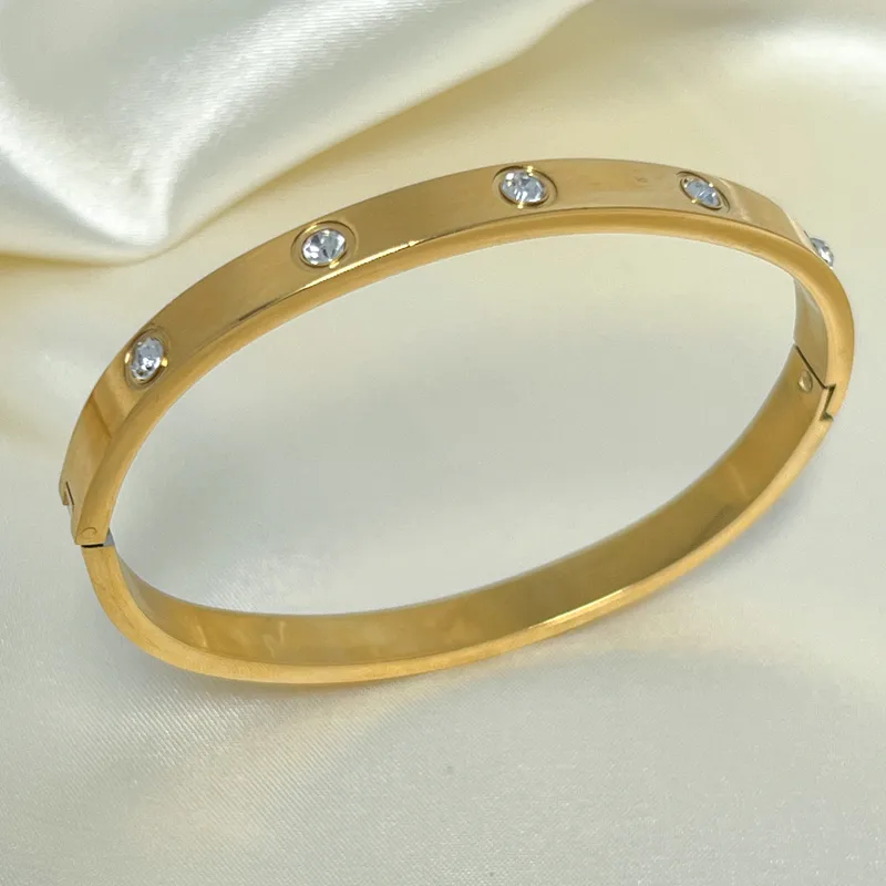 Trending 18K Gold Bangle with CZ Stones Stainless Steel