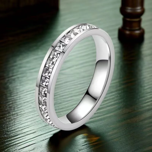 Silver Plated Classic Paved Zircon Ring Stainless Steel