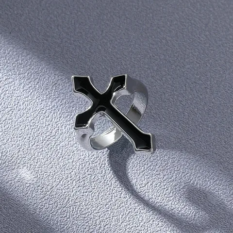 Silver Plated Black Cross Open Ring Stainless Steel