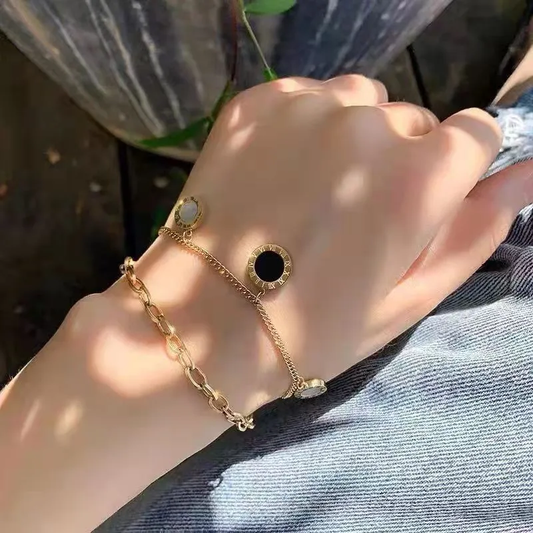 18K Gold Plated Roman Numeral Layered Chain Bracelet Stainless Steel