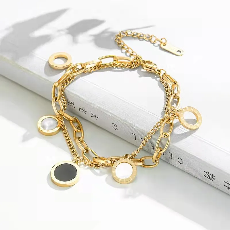18K Gold Plated Roman Numeral Layered Chain Bracelet Stainless Steel