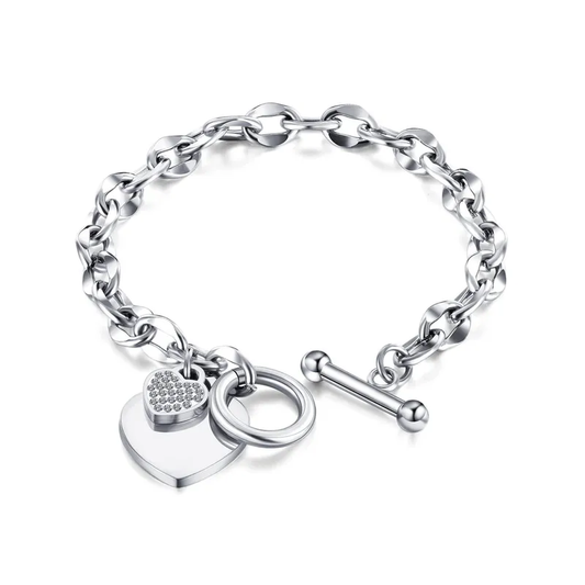 Silver Plated Heart T-Bar Zircon Bracelet Stainless Steel