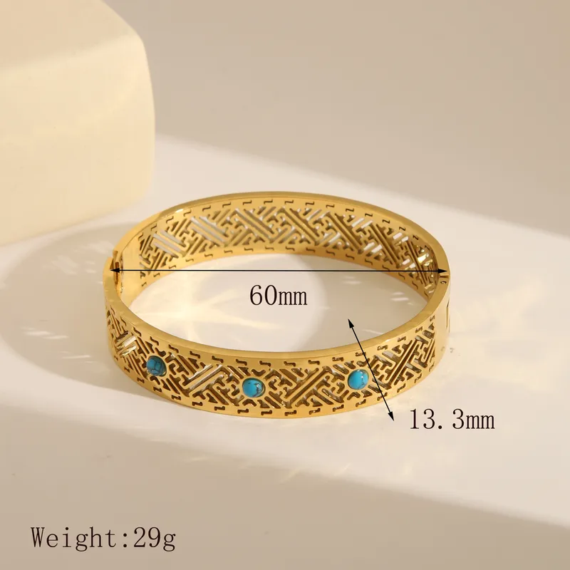 Wide Gold Geometric Design Bangle with Turquoise Stones Tarnish Free Stainless Steel