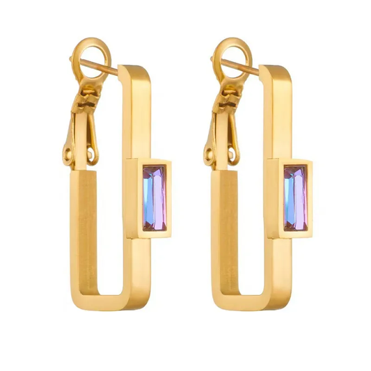 Unique Rectangle Statement Hoop Earrings with Crystal Stone Stainless Steel Hypoallergenic Waterproof