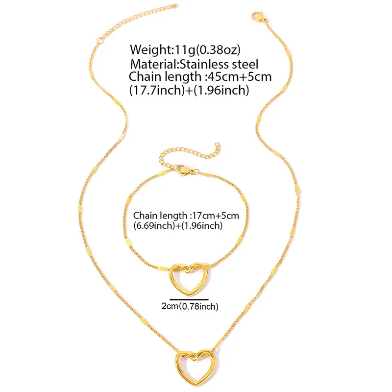 Classic Twisted Heart Pendant Necklace and Dainty Bracelet 18K Gold Plated Tarnish Free Waterproof