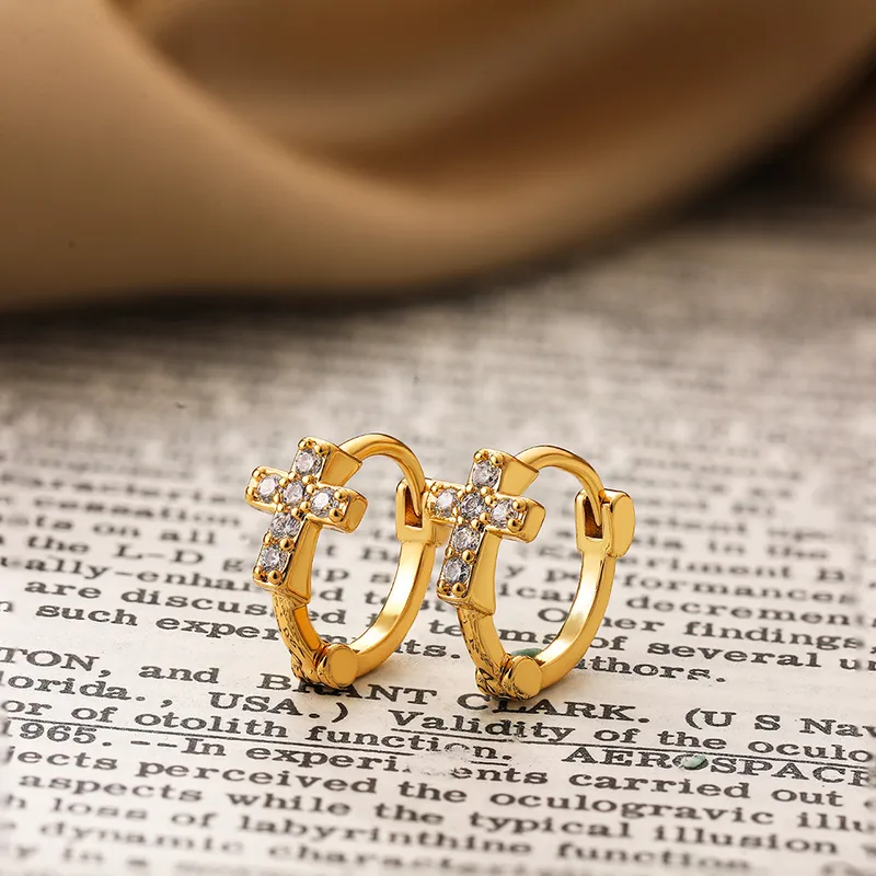 Small Gold Huggie Hoop Earrings with Zircon Cross Stainless Steel Hypoallergenic Waterproof