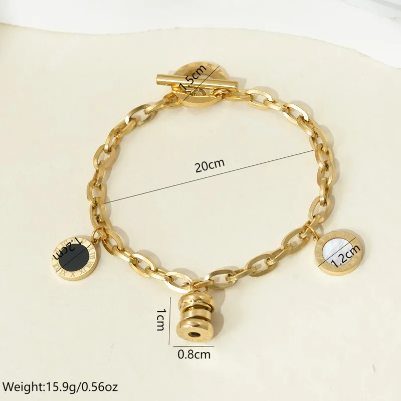 18K Gold Plated Roman Numeral Charm Bracelet Stainless Steel Waterproof Tarnish Free