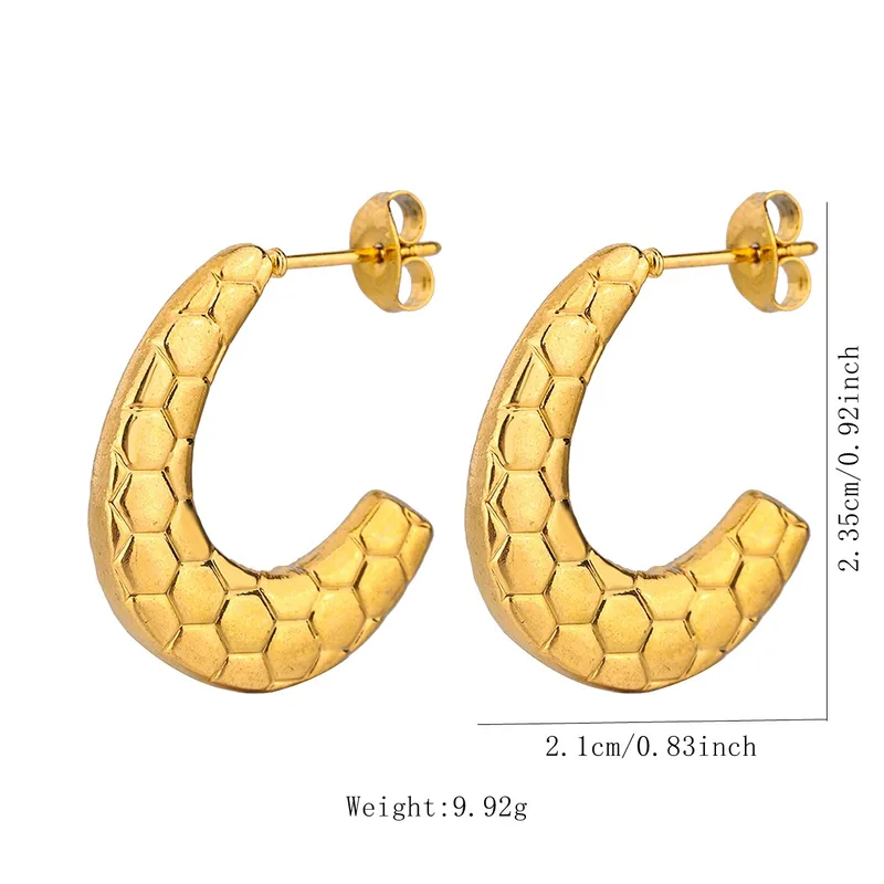 Gold Plated Open Engraved Hoop Earrings Hypoallergenic Waterproof Stainless Steel