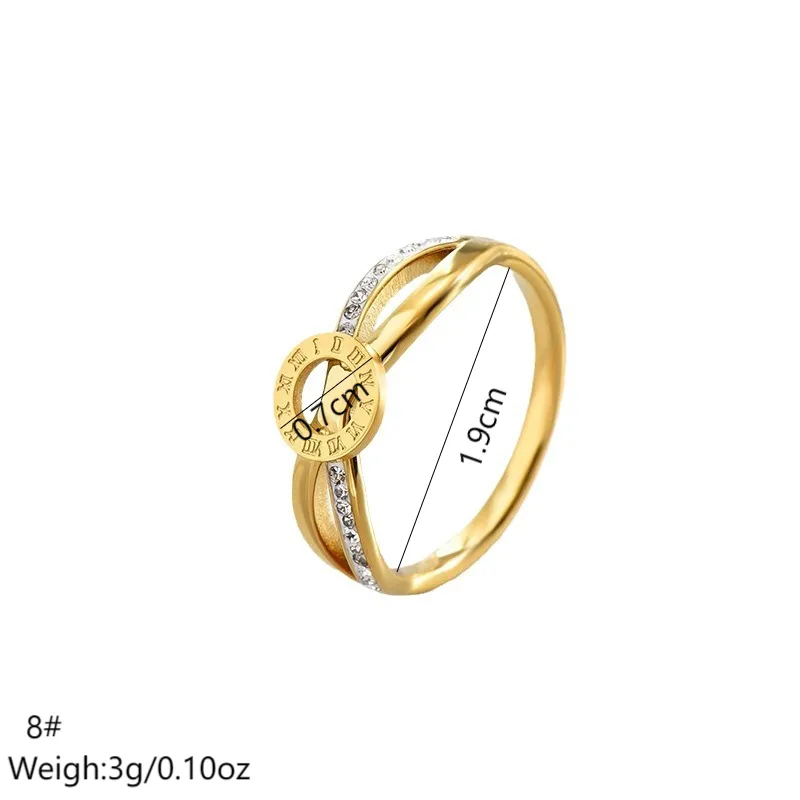 18K Gold Plated Roman Numeral Layered Zircon Ring Stainless Steel Hypoallergenic