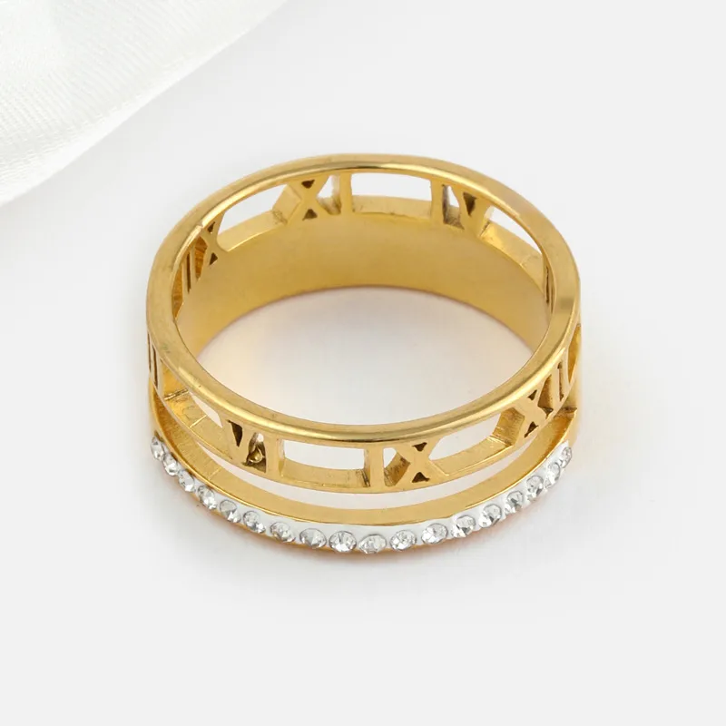 Hollow Roman Numeral Double Layered Band Ring with Zircon Stones Stainless Steel Tarnish Free