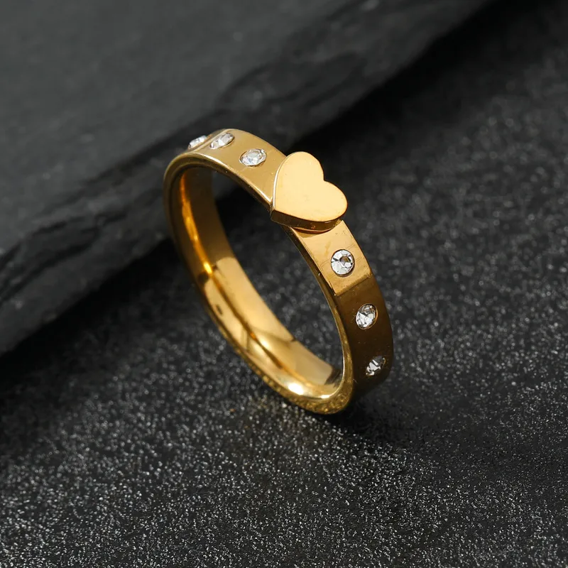 Heart Charm Zircon Band Ring 18K Gold Plated Stainless Steel Tarnish Free