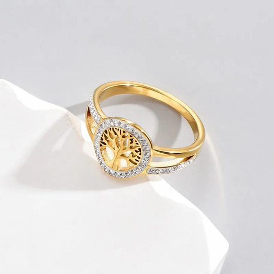 18K Gold Plated Life Tree Zircon Ring Stainless Steel Tarnish Free
