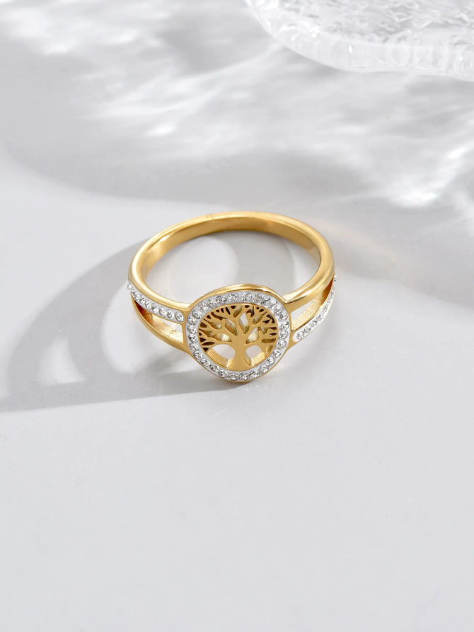 18K Gold Plated Life Tree Zircon Ring Stainless Steel Tarnish Free