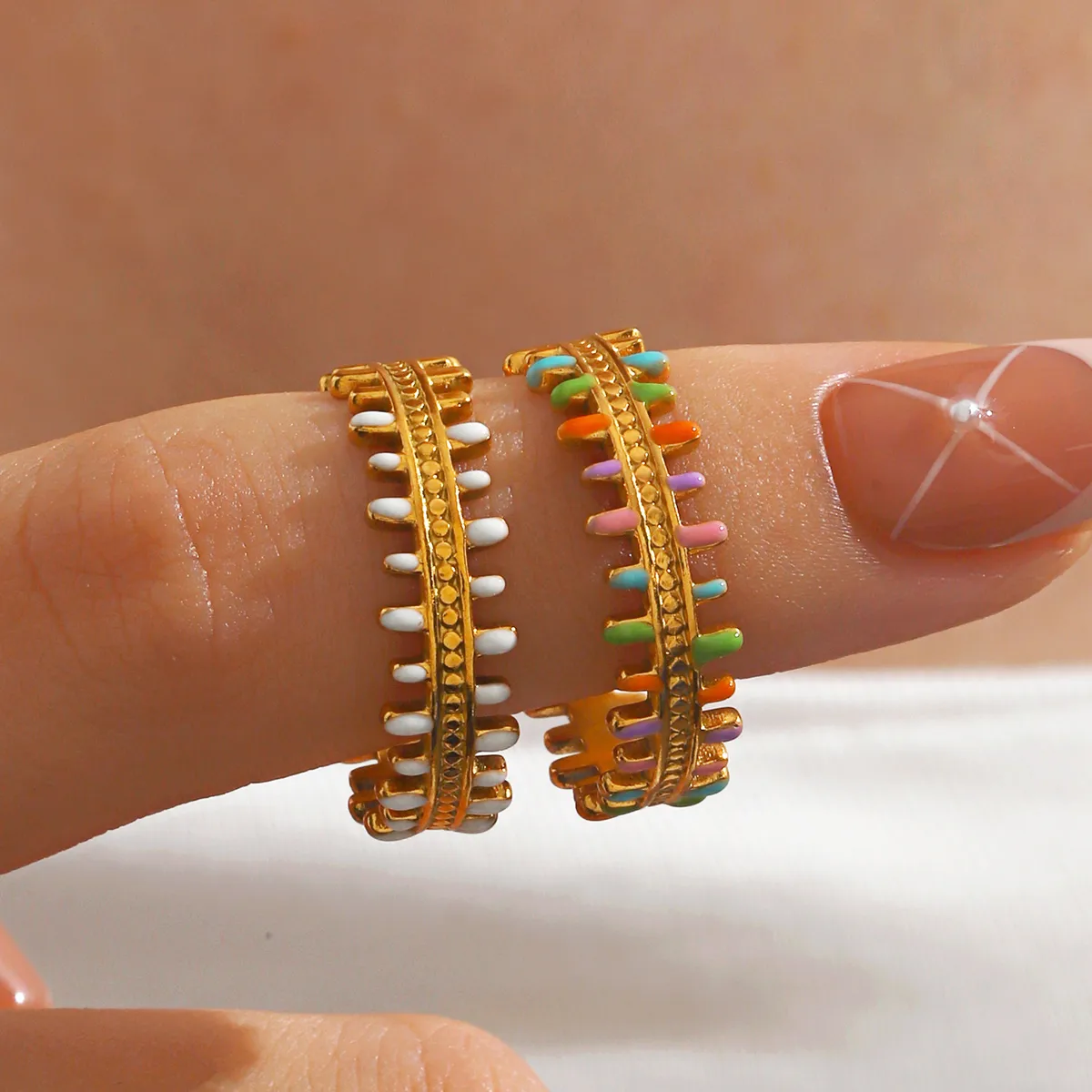 Colourful Enamel Open Adjustable Ring 18K Gold Plated Waterproof