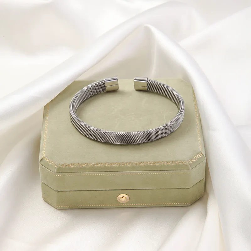 Silver Plated Textured Mesh Adjustable Open Bangle Stainless Steel Hypoallergenic