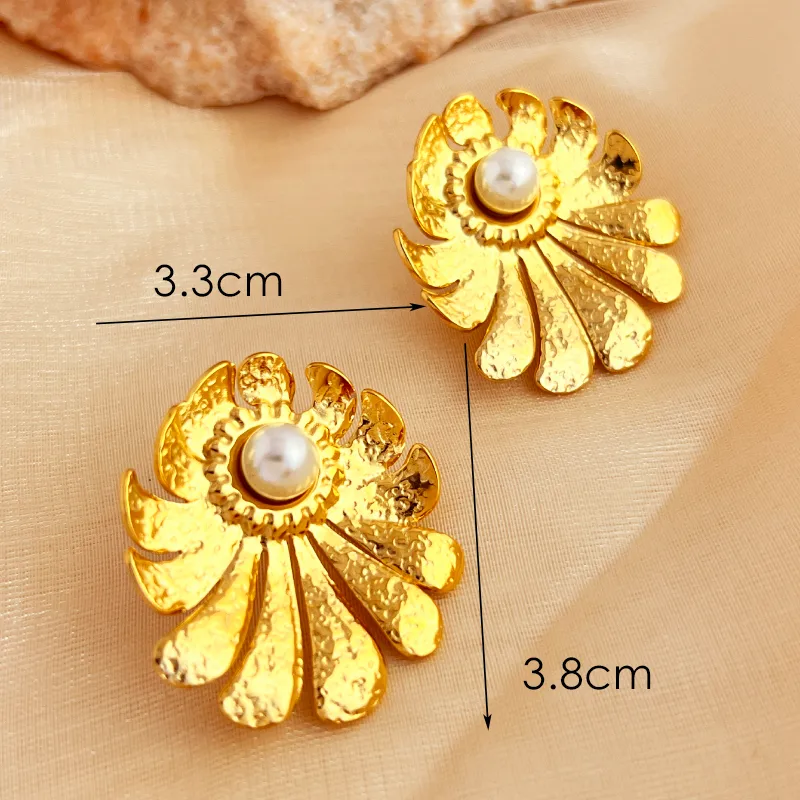 Textured Flower Pearl Earrings Stainless Steel 18K Gold Plated