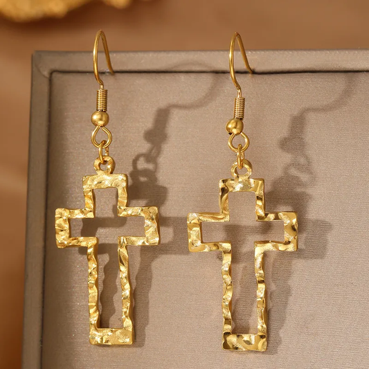 Hammered Gold Plated Cross Hook Earrings Stainless Steel