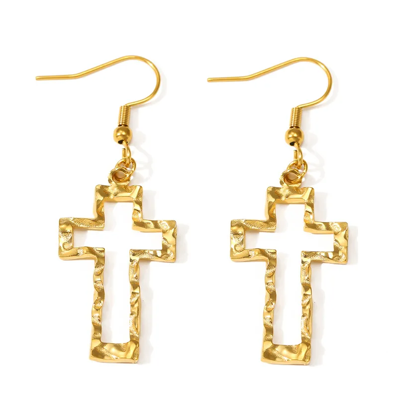 Hammered Gold Plated Cross Hook Earrings Stainless Steel