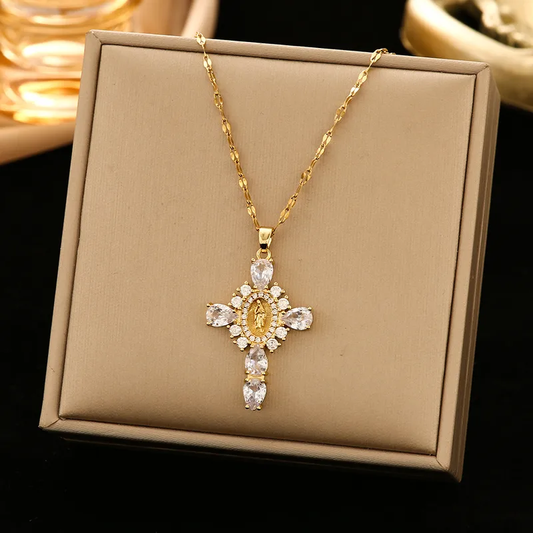 18K Gold Plated Necklace with Sparkling Zircon Cross Pendant