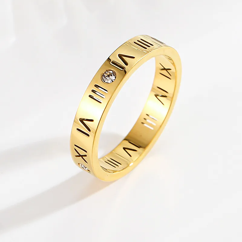 Roman Numeral Engraved Diamond Ring Stainless Steel 18k Gold Plated