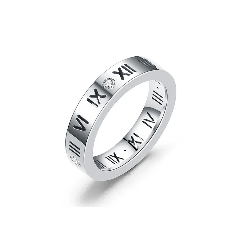 Silver Plated Roman Numeral Engraved Diamond Ring Stainless Steel