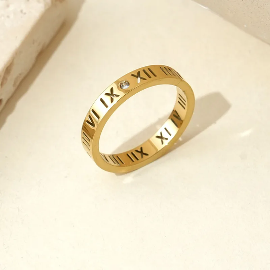 Roman Numeral Engraved Diamond Ring Stainless Steel 18k Gold Plated