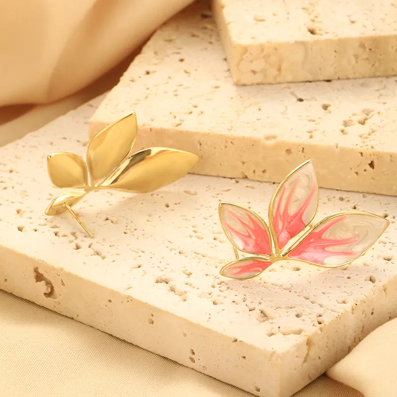 White Pink Enamel Leaf Earrings 18K Gold Plated Stainless Steel