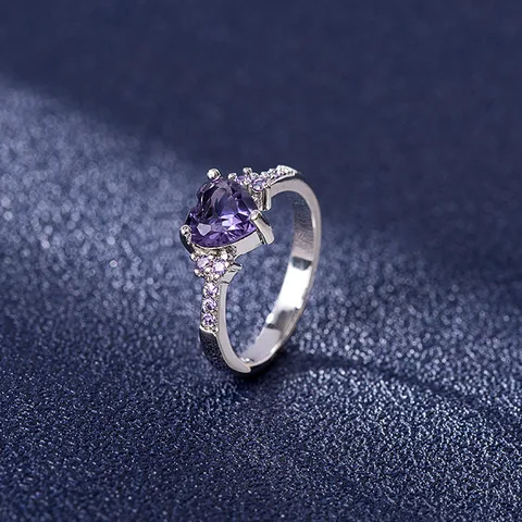Silver Plated Purple Violet Heart Zircon Ring Stainless Steel Tarnish Free