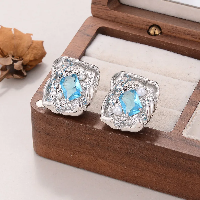 Topaz and Pearl Zircon Statement Stud Earrings, Silver Plated, Hypoallergenic