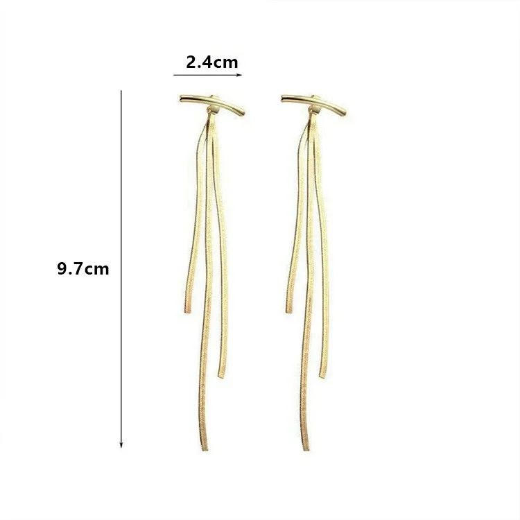 Long Gold Tassle Earrings with Curved Bar, Snake Chain Earrings