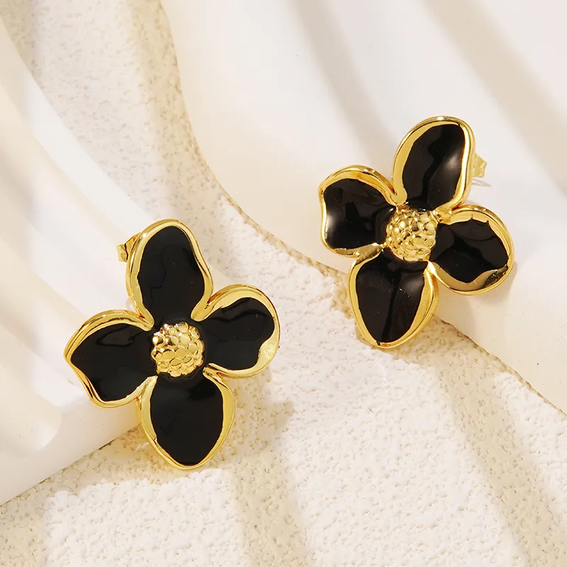 Black and Gold Flower Enamel Stud Earrings, Stainless Steel, Tarnish Free