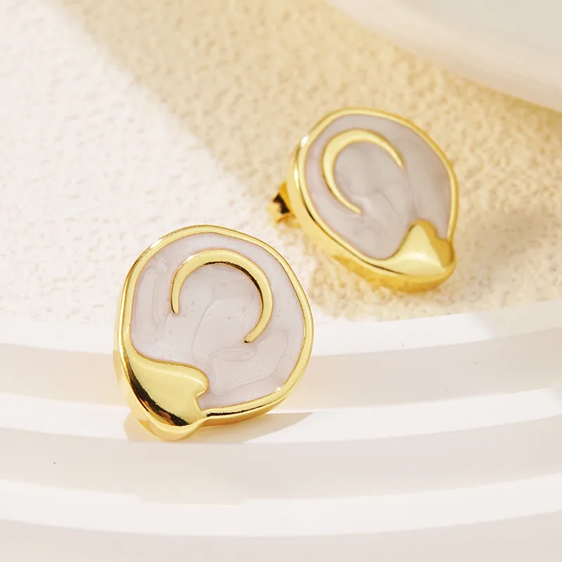 Gold and White Enamel Moon Stud Earrings, Stainless Steel, Waterproof