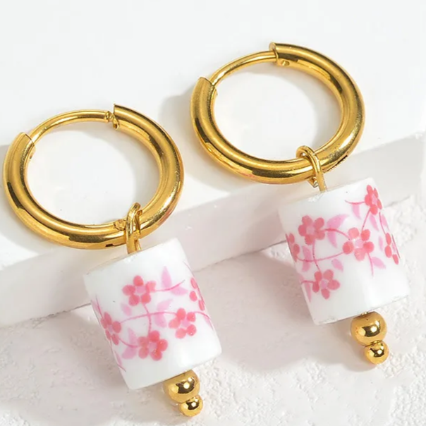 Pink and White Blossom Flower Ceramic Huggie Hoop Earrings, Stainless Steel