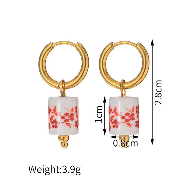Cherry Blossom Flower Ceramic Huggie Hoop Earrings, Stainless Steel