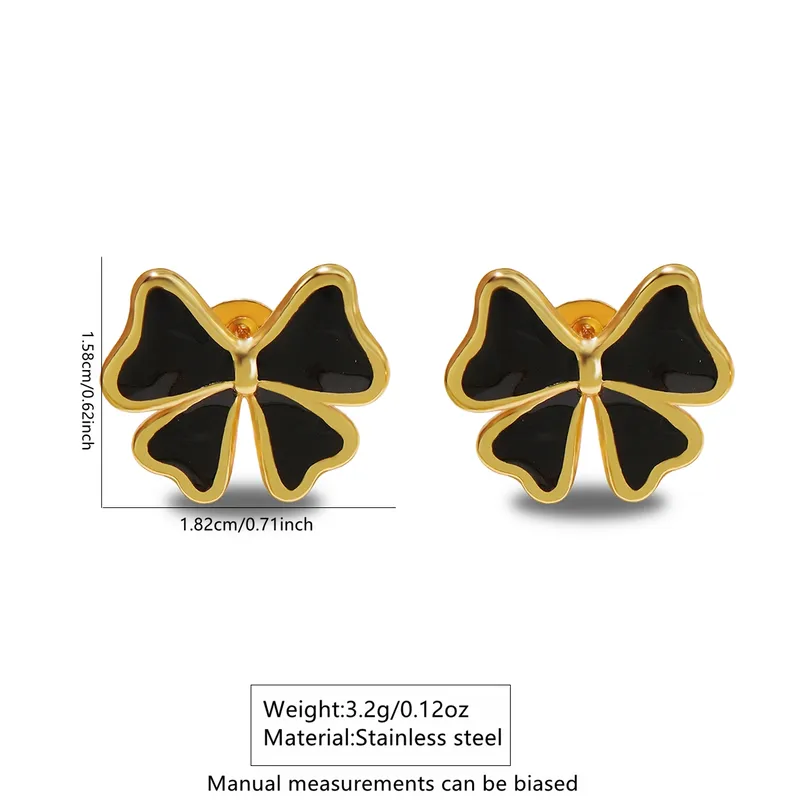 Black and Gold Bow Enamel Stud Earrings, 18K Gold Plated, Stainless Steel