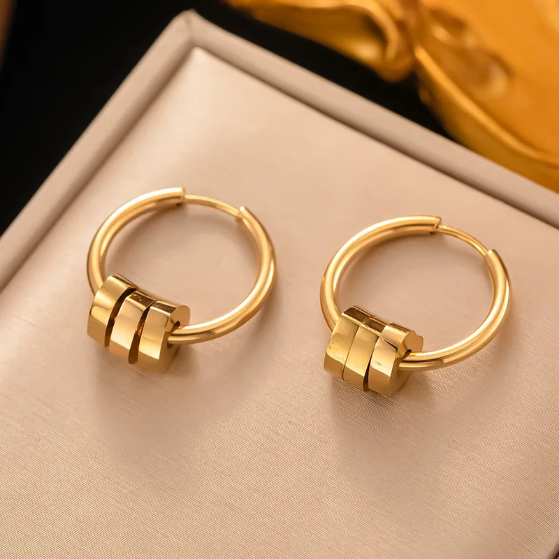 Three Heart Charm Hoop Earrings, 18K Gold Plated, Stainless Steel