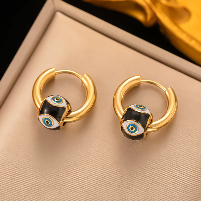 Evil Eye Charm Hoop Earrings, 18K Gold Plated, Stainless Steel, Hypoallergenic