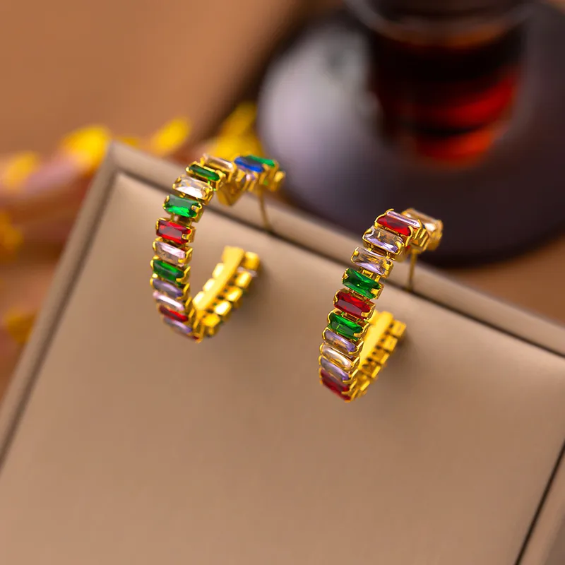 Multi Coloured Zircon Heart Hoop Earrings, 18K Gold Plated, Stainless Steel