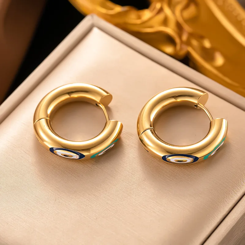 Chunky Hoop Evil Eye Earrings, 18K Gold Plated, Stainless Steel