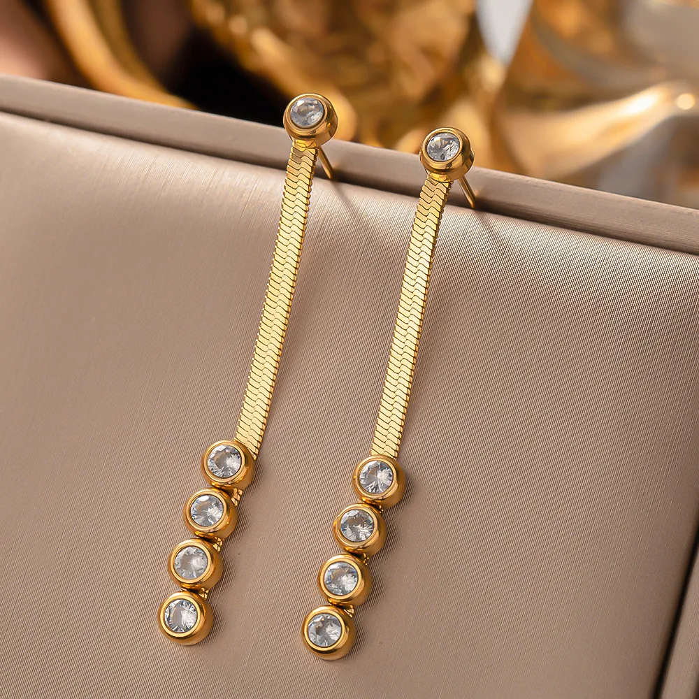 Snake Chain Dangling Zircon Earrings, 18K Gold Plated, Stainless Steel